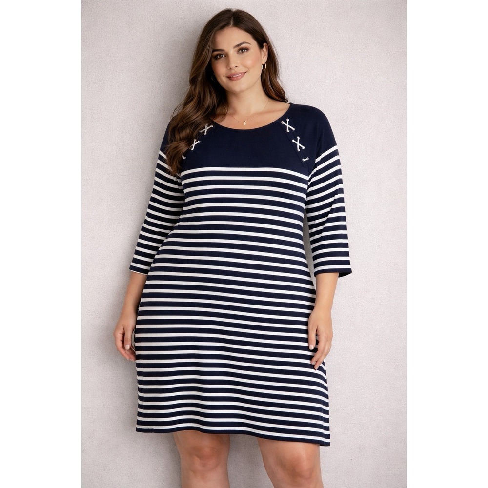Lauren Ralph Lauren Women's Sz XL Blue & White Striped Lace Up Accents Dress
